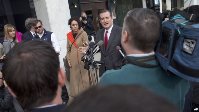 Republican presidential candidate Sen. Ted Cruz, R-Texas, speaks to the media about events in Brussels near the Capitol in Washington, March 22, 2016. (AP Photo/Jacquelyn Martin)